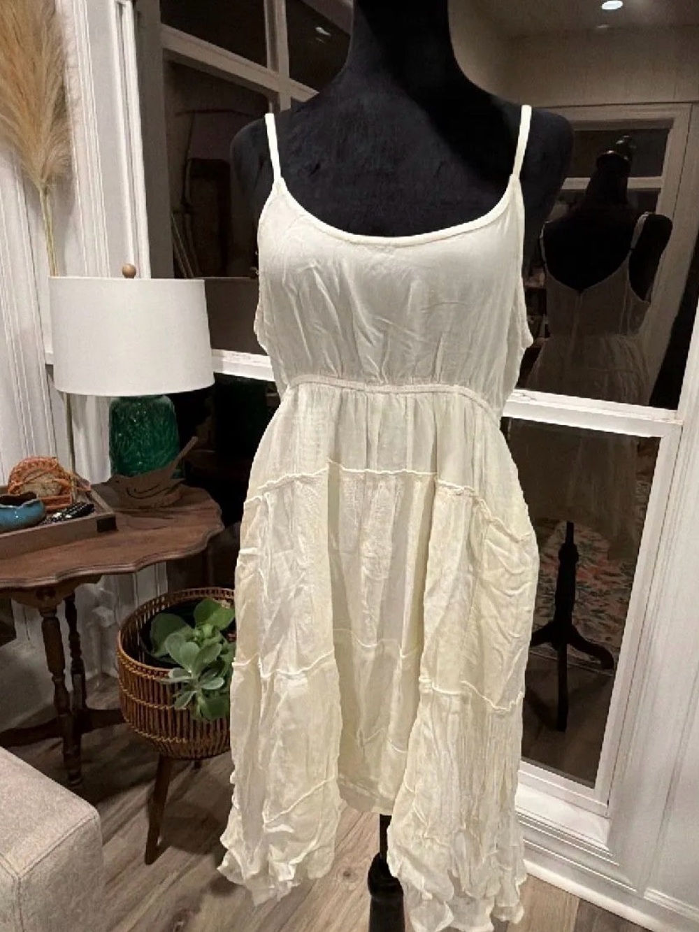 NEW Young Threads cream colored spaghetti strap, sundress size lined,pockets